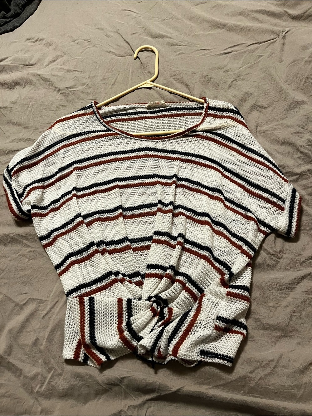 Striped Knit Twist-Front Women’s Top - Cream with Black & Brown Stripes